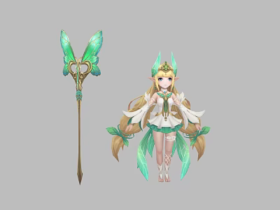 Game Movie Character With Blonde Long Hair Green Outfit Butterfly Wings And Green Decorated Staff 3d model