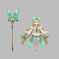 Game Movie Character With Blonde Long Hair Green Outfit Butterfly Wings And Green Decorated Staff