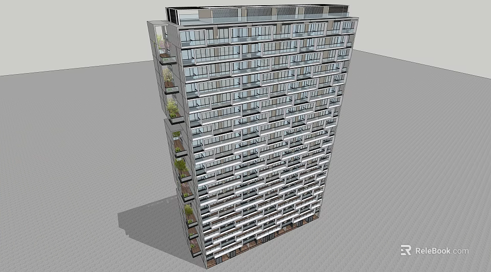 Modern High Rise Residential Building With Large Windows Balconies And Greenery 3d model 