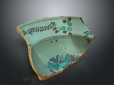 Turquoise Cracked Ceramic Shard Featuring Floral Patterns And Green Plant Motifs 3d model