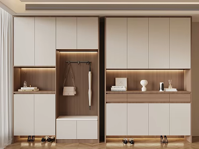 Modern Shoe Cabinet Storage Design With Hanging Area Bench And Decor Shelves 3d model