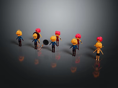 Colorful Cartoon Figures With Yellow Pink Hairstyles Holding Items In Various Poses 3d model