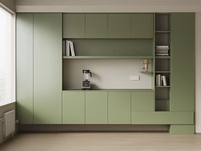 Modern Light Green Decorative Cabinet With Shelves Coffee Machine And Wooden Floor 3d model