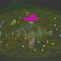 Central Green Plant With Small Buds In Miniature Landscape Blue Puddles And Yellow Stones