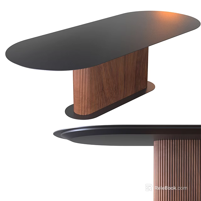Modern Elegant Dining Table With Black Tabletop And Wooden Striped Base Design 3d model 