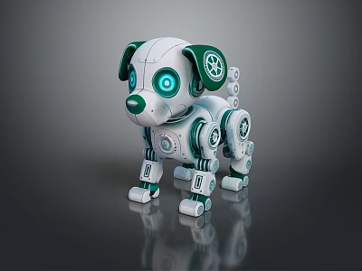 White And Green Robotic Dog Design With Glowing Blue Eyes And Mechanical Parts 3d model