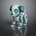 White And Green Robotic Dog Design With Glowing Blue Eyes And Mechanical Parts