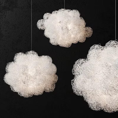 Modern White Cloud Shaped Woven Chandelier Hanging In Dark Interior Space 3d model