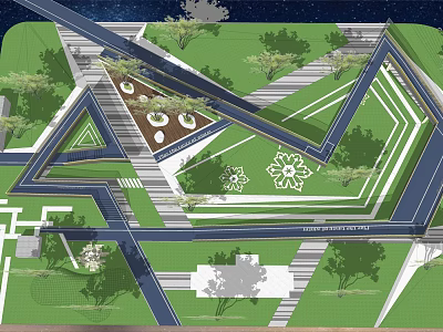Garden Landscape Design With Geometric Pathways Green Lawns Trees And Flower Patterns 3d model
