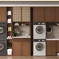 Modern Laundry Room Design With Stacked Washing Machines Dryers Wooden Cabinets And Sink