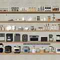 Tableware Collection Display on Wooden Kitchen Shelves with Appliances Jars Cups and Bowls