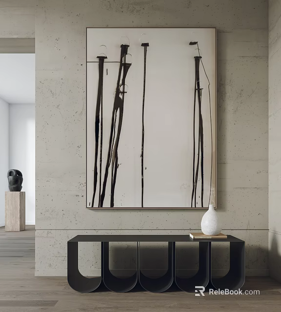 Abstract Painting With Black Strokes On White Canvas And Concrete Wall Black Sculpture White Vase 3d model 