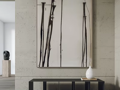 Abstract Painting With Black Strokes On White Canvas And Concrete Wall Black Sculpture White Vase 3d model
