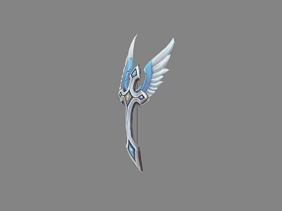 Fantasy Weapon With White Wings Blue Gemstones And Cross Shaped Decorative Details 3d model