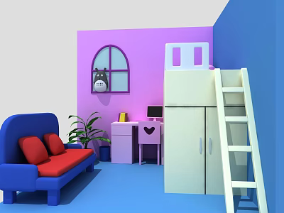 Colorful Cartoon Room With Blue Sofa Red Cushions Purple Walls Pink Desk White Bunk Bed 3d model