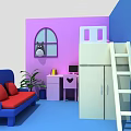 Colorful Cartoon Room With Blue Sofa Red Cushions Purple Walls Pink Desk White Bunk Bed