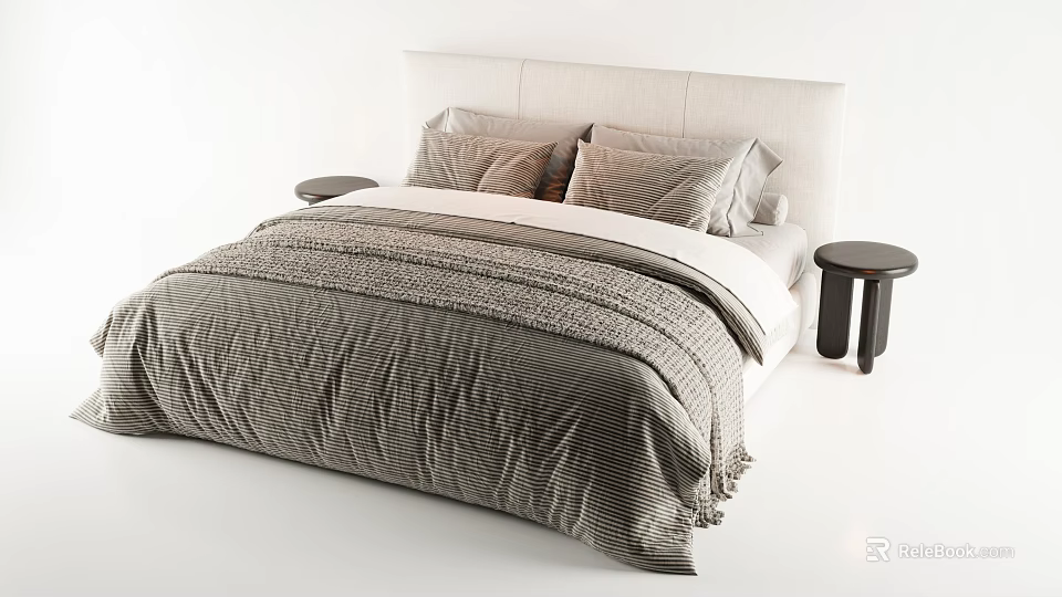 Modern Double Bed Design With Upholstered Headboard Gray Textured Bedspread And Plush Pillows 3d model 