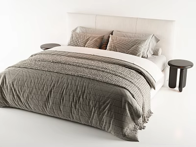 Modern Double Bed Design With Upholstered Headboard Gray Textured Bedspread And Plush Pillows 3d model