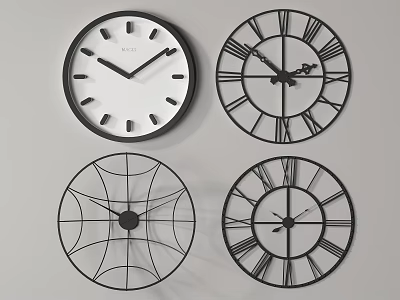 Set of Four Decorative Wall Clocks With Roman Numerals And Minimalist Patterns 3d model