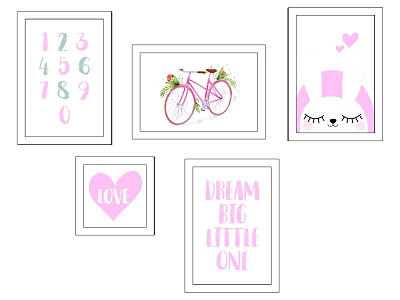 Cute Kids Room Wall Art With Numbers Bicycle Cat Ears Love Dream Big Little One 3d model