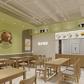 Modern Chinese Porridge Restaurant Exterior With Light Green White Design Orange Chairs And Green Plant