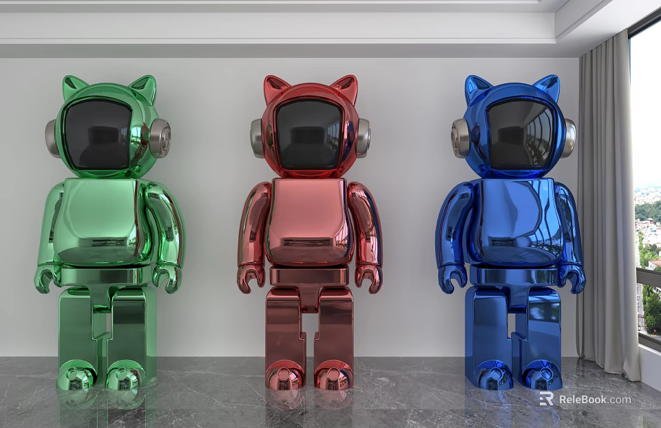 Three Green Red Blue Metallic Cat Ear Robot Decorative Ornament Set With Modern Design 3d model 