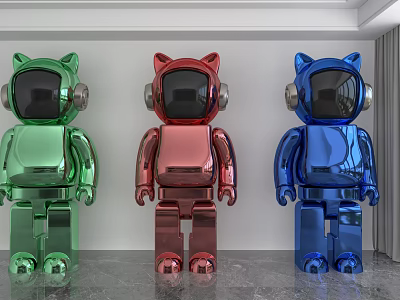Three Green Red Blue Metallic Cat Ear Robot Decorative Ornament Set With Modern Design 3d model