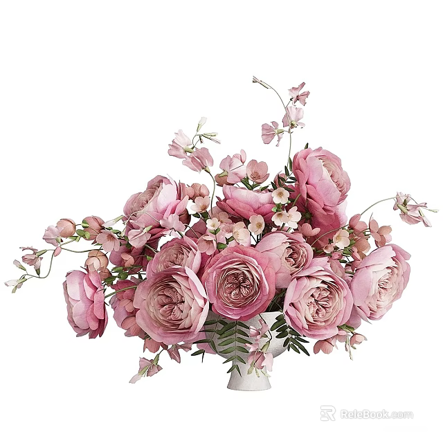Pink Floral Arrangement in White Vase with Fresh Blooms and Green Leaves 3d model 