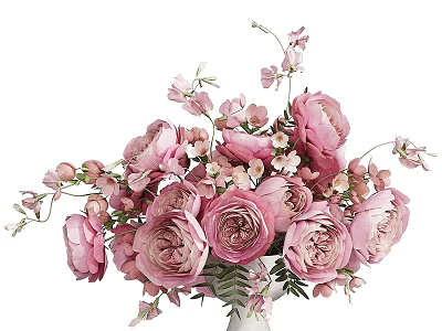 Pink Floral Arrangement in White Vase with Fresh Blooms and Green Leaves 3d model