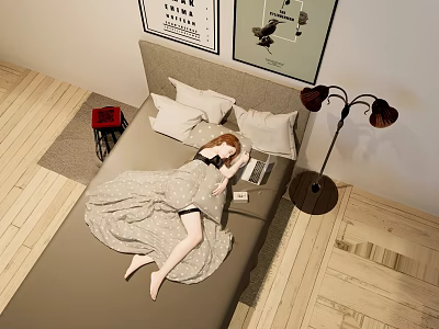 Cozy Bedroom Interior With Bed Comforter Pillows Nightstand Floor Lamp And Wall Art 3d model