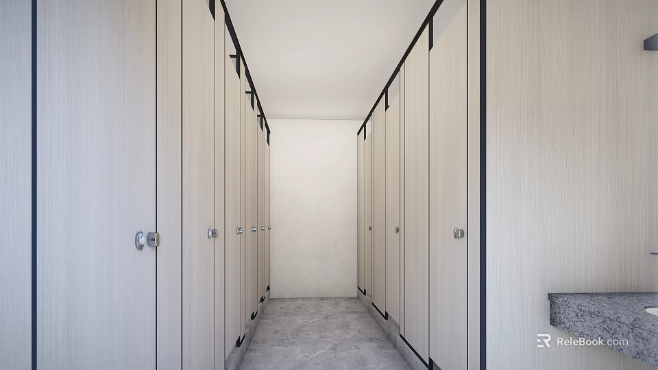 Public Toilet With Light Colored Stalls Black Frames And Modern Clean Design 3d model 