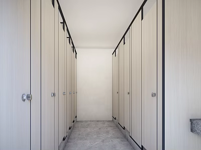 Public Toilet With Light Colored Stalls Black Frames And Modern Clean Design 3d model