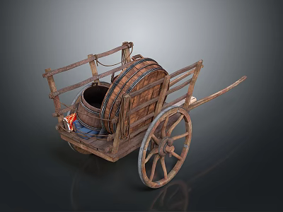 Ancient Wooden Cart With Large Barrel And Spoked Wheel Structure 3d model