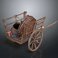 Ancient Wooden Cart With Large Barrel And Spoked Wheel Structure
