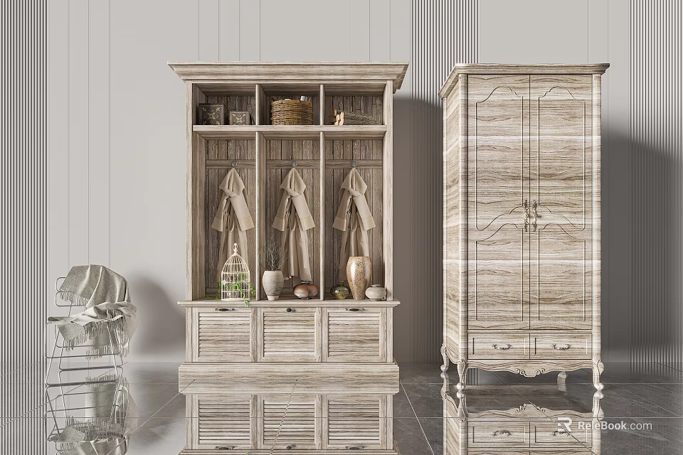 Modern Wooden Wardrobe Design With Open Shelves Drawers And Cabinet Doors 3d model 