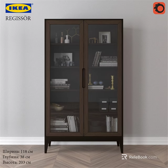 Dark Wood Display Cabinet With Glass Doors Books Framed Photos And Decorative Items 3d model 