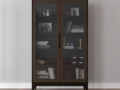Dark Wood Display Cabinet With Glass Doors Books Framed Photos And Decorative Items 3d model