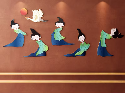 Traditional Wall Decor With Female Silhouettes White Crane And Red Circular Element On Brown Wall 3d model