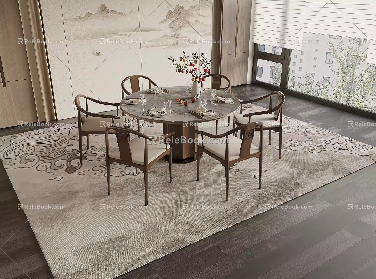 New Chinese Round Dining Table and Chair 3d model
