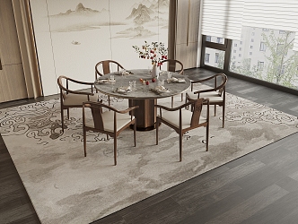 New Chinese Round Dining Table and Chair 3d model