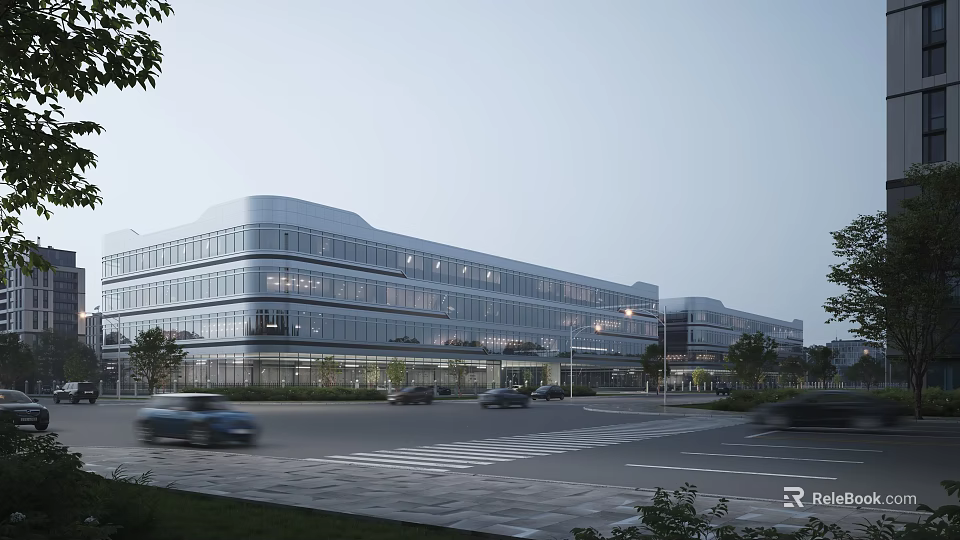 Modern Industrial Factory Building With Large Glass Windows Multi Storey Along Roadside Vehicles And Landscaping 3d model 