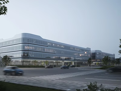Modern Industrial Factory Building With Large Glass Windows Multi Storey Along Roadside Vehicles And Landscaping 3d model