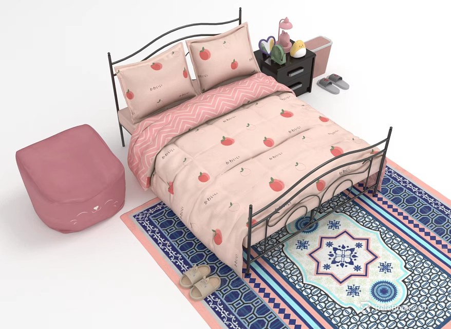 Double Bed with Black Metal Frame Strawberry Pattern Bedding Pink Ottoman and Blue White Rug 3d model 