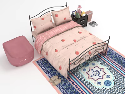 Double Bed with Black Metal Frame Strawberry Pattern Bedding Pink Ottoman and Blue White Rug 3d model