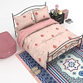 Double Bed with Black Metal Frame Strawberry Pattern Bedding Pink Ottoman and Blue White Rug