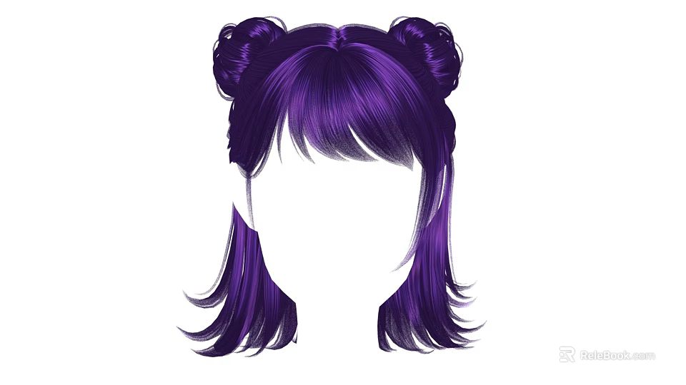 Purple Head Hair With Double Bun Style Fringe And Long Side Strands 3d model 