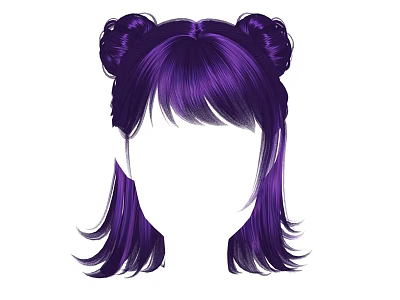Purple Head Hair With Double Bun Style Fringe And Long Side Strands 3d model
