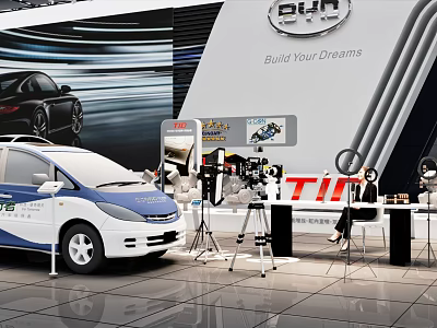 Automobile Showroom With Car And Photography Equipment 3d model