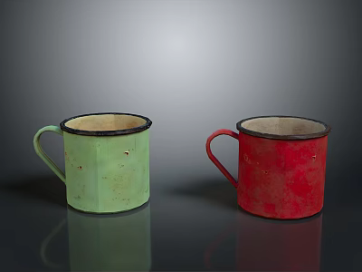 Realistic Style Enamel Cup Enamel Cup Green Enamel Cup Red Enamel Cup Vintage Enamel Cup Metal Cup Handle Cup Cylindrical Cup Edge Black Edge Cup 3d model