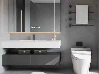 Modern Bathroom Set With Mirror Under mount Sink Grey Vanity Smart Toilet And Towel Rack 3d model